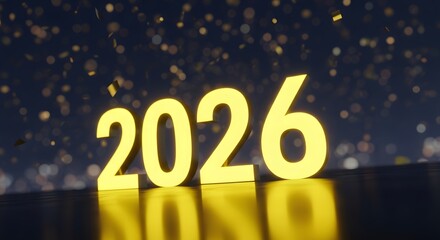 Brightly lit 2026 new year celebration with sparkling background and reflections