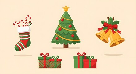 Festive christmas elements tree stocking bells and gifts illustration