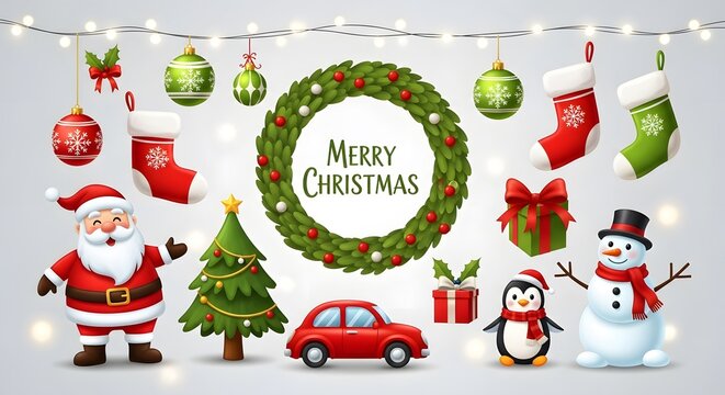 Festive christmas holiday illustration with santa snowman tree and decorations for celebrations