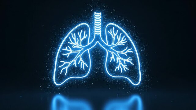 Glowing blue neon lungs illustration with detailed bronchial tree and respiratory anatomy on dark background, medical health concept showing bronchial and lung structure in futuristic style