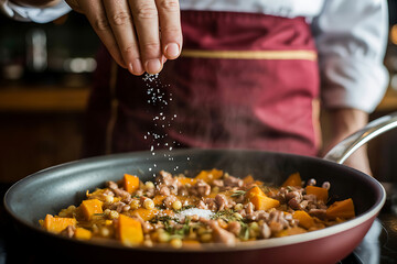  Vegetables cooking in frying pan, hands adding seasoning, warm homemade meal preparation moment.