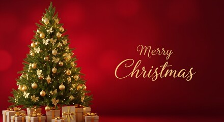 Christmas tree with gifts and merry christmas text on red background