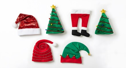 Festive christmas holiday hats and decorations on a white background
