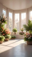 Fototapeta premium Sunlit Bay Window with Lush Indoor Plants and Blooming Flowers.
