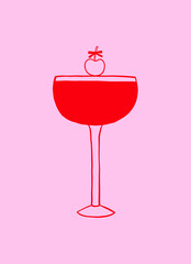 Whimsical Cocktail Glass with Cherry. Coquette Cocktail Martini and Wine Poster. Doodle Vector Illustration