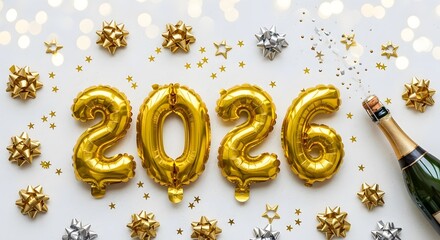 Festive 2026 new year celebration with champagne and golden decorations