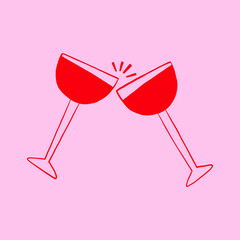 Wine Glass Toast Cheers. Whimsical Cocktail Glasses Cin for Wedding, Birthday Invitation. Doodle Vector Illustration