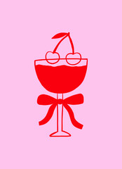 Whimsical Cocktail Glass Bow with Cherry. Coquette Cocktail with Ribbon Martini and Wine Poster. Doodle Vector Illustration