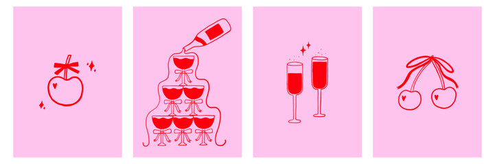 Whimsical Cocktail with Bow Poster Collection. Coquette Cocktail Glass Martini, Champagne, Wine in Hand Drawn Style. Doodle Vector Illustration