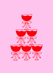 Champagne Tower Whimsical Cocktail Glass. Bachelorette Martini, Wine Cocktail Glasses Tower for Wedding. Doodle Illustration Drawing