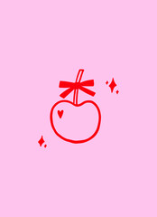 Aesthetic Whimsical Cherry with Bow and Heart, Stars. Cute Pink Coquette Cherry Ball with Ribbon. Doodle Vector Illustration