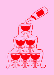 Champagne Tower Whimsical Cocktail Glass with Bottle. Bachelorette Martini, Wine Cocktail Glasses Tower for Wedding. Doodle Illustration Drawing