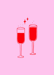 Champagne Glass Whimsical Cocktail. Coquette Two Glasses with Stars. Doodle Drawing Illustration