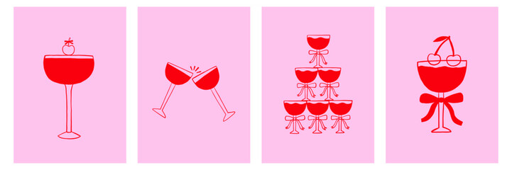 Whimsical Cocktail with Bow Poster Set. Coquette Cocktail Glass Martini, Champagne, Wine in Hand Drawn Style. Doodle Vector Illustration
