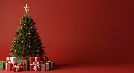 Festive christmas tree with gifts on red background for holiday season