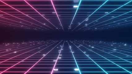Glowing Abstract 3D Grid Cyberpunk Horizon Neon Lights Virtual Reality Data Visualization Digital World Technology Sci - Powered by Adobe
