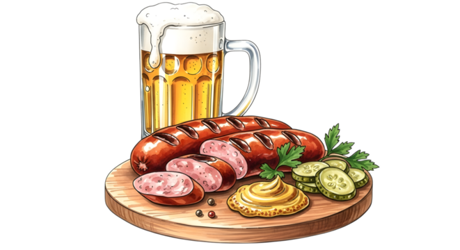 Hand drawn illustration of beer mug with sausages pickles and mustard on a wooden board