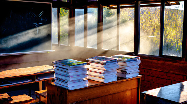 lectern. Dawn light streaming through broken windows into a classroom with new textbooks on the lectern. ESG reports, sustainability campaigns, designed for environmental awareness campaigns.