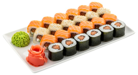 Assorted sushi rolls with salmon tuna and avocado on a white plate for sharing