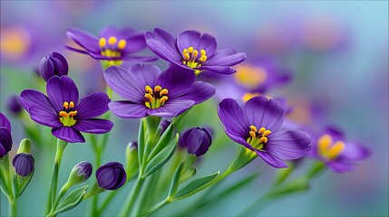 Close-up of vibrant purple flowers with yellow centers, blooming outdoors with a soft, blurred background of more purple flowers and green foliage. The lighting