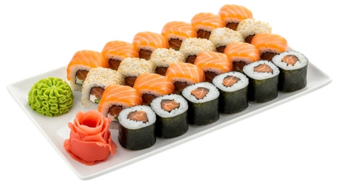 Assorted sushi rolls with salmon tuna and avocado on a white plate for sharing