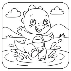 Cute Baby Dinosaur Splashing in a Puddle Coloring Page