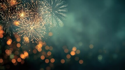 Sparkling golden fireworks bursting in the night sky with soft bokeh lights and teal hues