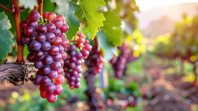 Close Up Of Red Grapes Growing On A Vineyard Row During Golden Hour With Soft Sunlight Filtering Through The Leaves And Out Of Focus Background