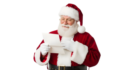 Santa claus reading a letter isolated on transparent background for festive holiday season