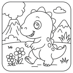Cute Baby Dinosaur Walking Near Volcano Coloring Page