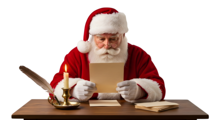 Santa claus reading letters at his desk with candle isolated on transparent background