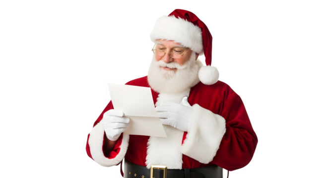 Santa claus reading a letter isolated on transparent background for festive holiday season