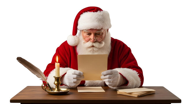 Santa claus reading letters at his desk with candle isolated on transparent background