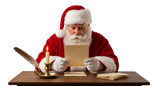 Santa claus reading letters at his desk with candle isolated on transparent background