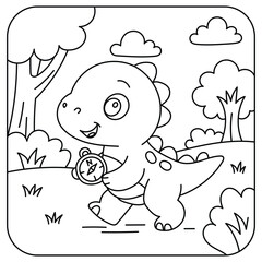 Cute Baby Dinosaur Exploring with Compass Coloring Page