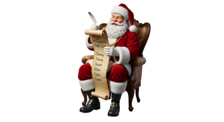 Santa claus sitting in chair reviewing christmas list with quill isolated on transparent background