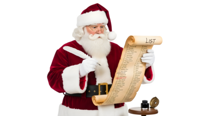 Santa claus reading a long list isolated on transparent background for christmas