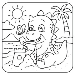 Cute Baby Dinosaur Building a Sandcastle at the Beach Coloring Page