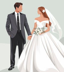 A beautiful couple stands hand in hand, showcasing love and commitment on their wedding day, with stunning attire and a heartfelt connection between them.