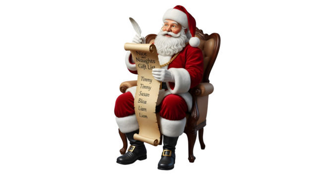 Santa claus sitting in chair reviewing christmas list with quill isolated on transparent background