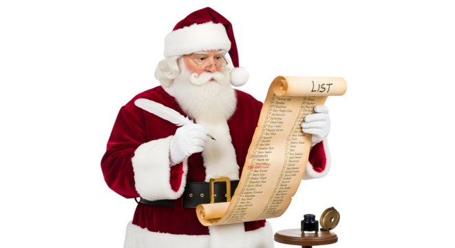 Santa claus reading a long list isolated on transparent background for christmas
