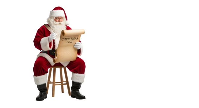Santa claus sitting on stool reading scroll isolated on transparent background