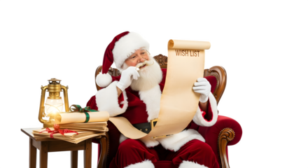 Santa claus reading his naughty or nice list isolated on transparent background