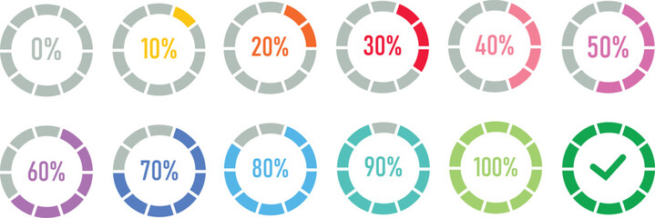 Percentage infographics flat elements. Round diagrams icons for infographics from 0 to 100 percent. Circle graph loading progress templates. Green, grey color fill divided pie charts indicators