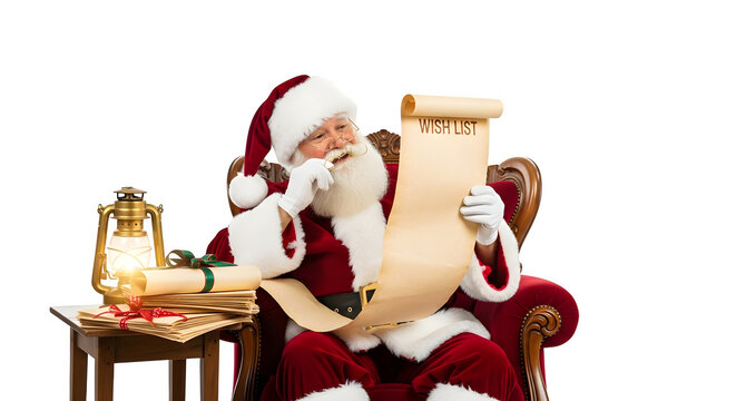 Santa claus reading his naughty or nice list isolated on transparent background - Powered by Adobe