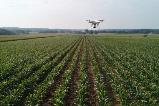 Bird's-eye shot of corn rows monitored by smart farming technology