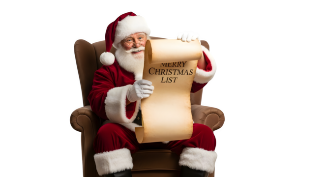 Santa claus sitting in chair reading list isolated on transparent background