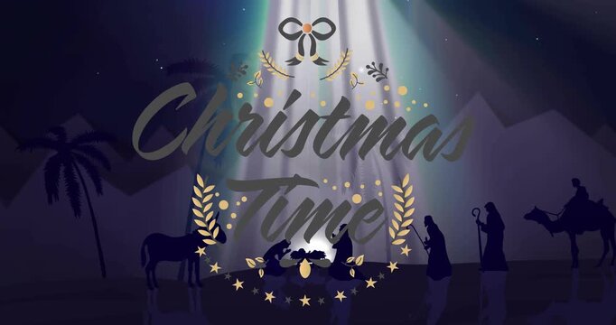 'Chris' appearing light descending lettering forming Christmas Time manger revealing celebrating