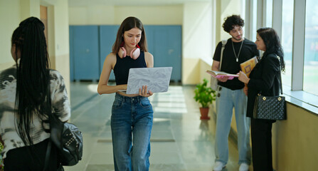 Indian young gen z busy woman lady hold laptop in hand look screen check new email notes walk campus place. Teen girl female pupil use device do exam study online e learn work skill data day time