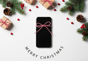 Turned-off smartphone with a festive bow, surrounded by mini gift boxes and pine twigs on a white background, “Merry Christmas” in a semicircle below